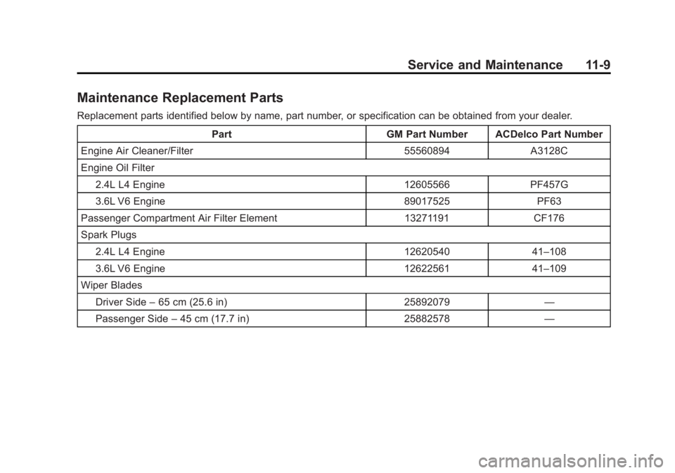 BUICK LACROSSE 2011  Owners Manual Black plate (9,1)Buick LaCrosse Owner Manual - 2011
Service and Maintenance 11-9
Maintenance Replacement Parts
Replacement parts identified below by name, part number, or specification can be obtained