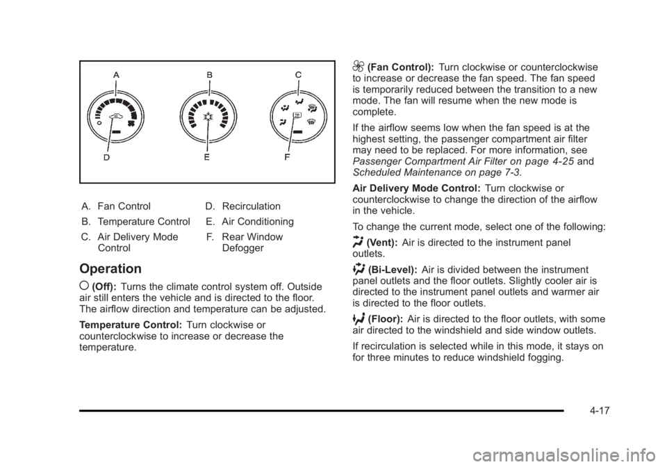 BUICK LUCERNE 2011  Owners Manual Black plate (17,1)Buick Lucerne Owner Manual - 2011
A. Fan Control
B. Temperature Control
C. Air Delivery Mode Control D. Recirculation
E. Air Conditioning F. Rear Window Defogger
Operation
(
(Off): T