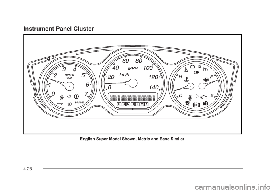 BUICK LUCERNE 2011  Owners Manual Black plate (28,1)Buick Lucerne Owner Manual - 2011
Instrument Panel Cluster
English Super Model Shown, Metric and Base Similar
4-28 