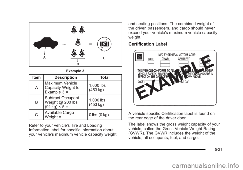 BUICK LUCERNE 2011  Owners Manual Black plate (21,1)Buick Lucerne Owner Manual - 2011
Example 3
Item DescriptionTotal
A Maximum Vehicle
Capacity Weight for
Example 3 = 1,000 lbs
(453 kg)
B Subtract Occupant
Weight @ 200 lbs
(91 kg) ×