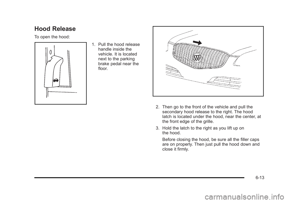BUICK LUCERNE 2011  Owners Manual Black plate (13,1)Buick Lucerne Owner Manual - 2011
Hood Release
To open the hood:
1. Pull the hood releasehandle inside the
vehicle. It is located
next to the parking
brake pedal near the
floor.
2. T