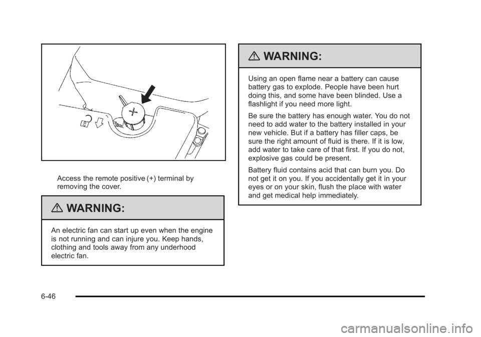 BUICK LUCERNE 2011  Owners Manual Black plate (46,1)Buick Lucerne Owner Manual - 2011
Access the remote positive (+) terminal by
removing the cover.
{WARNING:
An electric fan can start up even when the engine
is not running and can in
