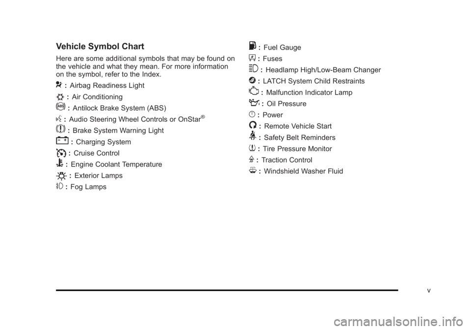 BUICK LUCERNE 2011  Owners Manual Black plate (5,1)Buick Lucerne Owner Manual - 2011
Vehicle Symbol Chart
Here are some additional symbols that may be found on
the vehicle and what they mean. For more information
on the symbol, refer 