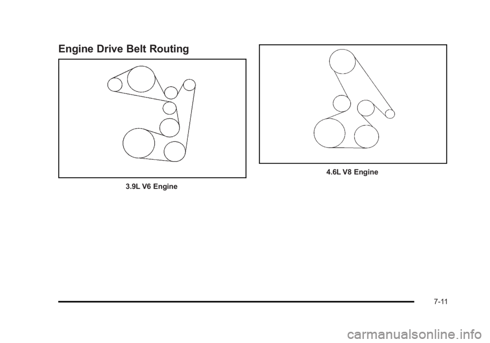 BUICK LUCERNE 2011 Owners Manual Black plate (11,1)Buick Lucerne Owner Manual - 2011
Engine Drive Belt Routing
3.9L V6 Engine
4.6L V8 Engine
7-11 BUICK LUCERNE 2011 Owners Manual Black plate (11,1)Buick Lucerne Owner Manual - 2011
Engine Drive Belt Routing
3.9L V6 Engine
4.6L V8 Engine
7-11