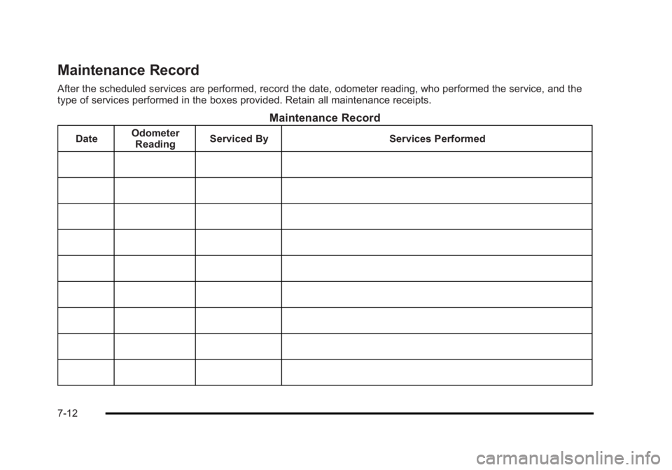 BUICK LUCERNE 2011  Owners Manual Black plate (12,1)Buick Lucerne Owner Manual - 2011
Maintenance Record
After the scheduled services are performed, record the date, odometer reading, who performed the service, and the
type of service
