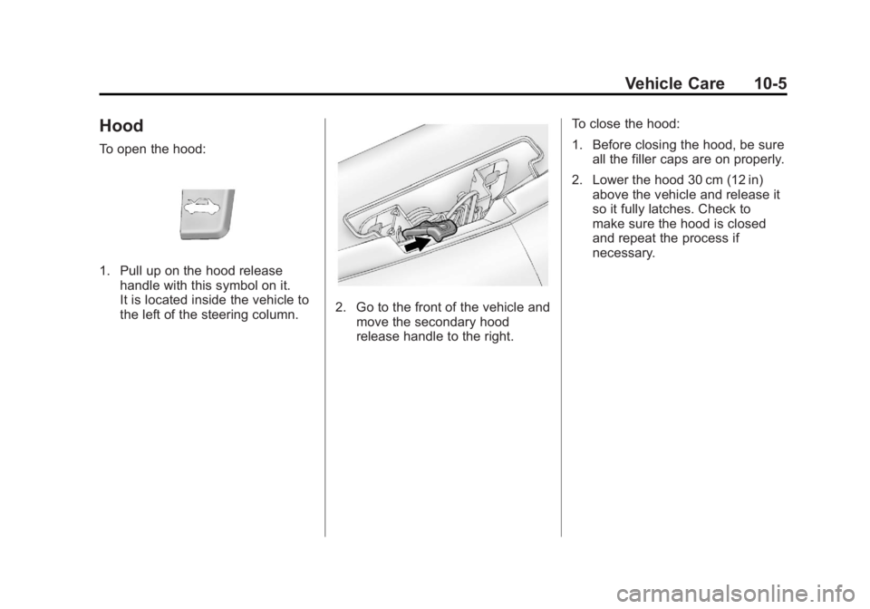 BUICK REGAL 2011  Owners Manual Black plate (5,1)Buick Regal Owner Manual - 2011
Vehicle Care 10-5
Hood
To open the hood:
1. Pull up on the hood releasehandle with this symbol on it.
It is located inside the vehicle to
the left of t