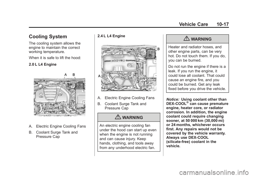 BUICK REGAL 2011  Owners Manual Black plate (17,1)Buick Regal Owner Manual - 2011
Vehicle Care 10-17
Cooling System
The cooling system allows the
engine to maintain the correct
working temperature.
When it is safe to lift the hood:
