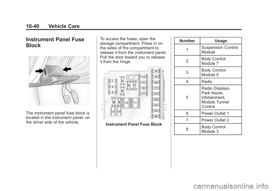 BUICK REGAL 2011 Owners Manual Black plate (40,1)Buick Regal Owner Manual - 2011
10-40 Vehicle Care
Instrument Panel Fuse
Block
The instrument panel fuse block is
located in the instrument panel, on
the driver side of the vehicle.T BUICK REGAL 2011 Owners Manual Black plate (40,1)Buick Regal Owner Manual - 2011
10-40 Vehicle Care
Instrument Panel Fuse
Block
The instrument panel fuse block is
located in the instrument panel, on
the driver side of the vehicle.T