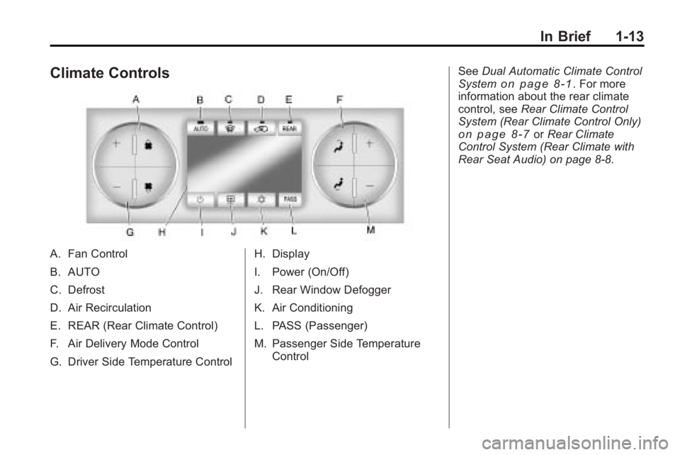 BUICK ENCLAVE 2010 User Guide In Brief 1-13
Climate Controls
A. Fan Control
B. AUTO
C. Defrost
D. Air Recirculation
E. REAR (Rear Climate Control)
F. Air Delivery Mode Control
G. Driver Side Temperature ControlH. Display
I. Power 