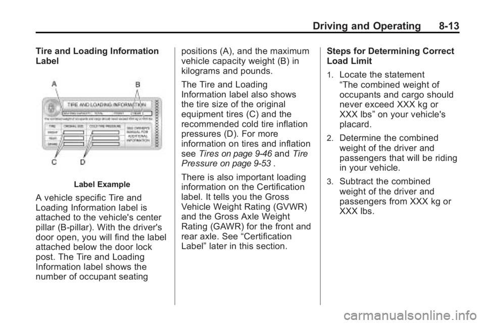 BUICK LACROSSE 2010  Owners Manual Driving and Operating 8-13
Tire and Loading Information
Label
Label Example
A vehicle specific Tire and
Loading Information label is
attached to the vehicle's center
pillar (B-pillar). With the dr