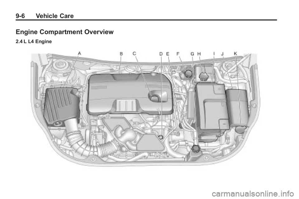 BUICK LACROSSE 2010 Owners Manual 9-6 Vehicle Care
Engine Compartment Overview
2.4 L L4 Engine BUICK LACROSSE 2010 Owners Manual 9-6 Vehicle Care
Engine Compartment Overview
2.4 L L4 Engine