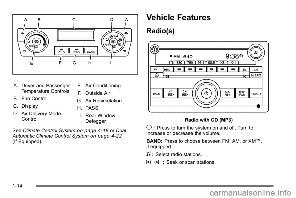 BUICK LUCERNE 2010  Owners Manual A. Driver and PassengerTemperature Controls
B. Fan Control
C. Display
D. Air Delivery Mode Control E. Air Conditioning
F. Outside Air
G. Air Recirculation
H. PASS I. Rear Window Defogger
See Climate C