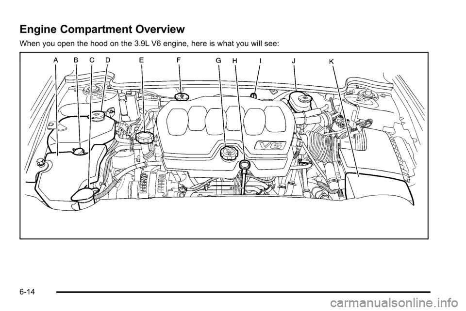 BUICK LUCERNE 2010  Owners Manual Engine Compartment Overview
When you open the hood on the 3.9L V6 engine, here is what you will see:
6-14 