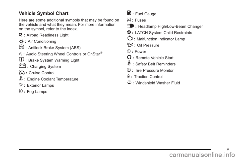 BUICK LUCERNE 2010  Owners Manual Vehicle Symbol Chart
Here are some additional symbols that may be found on
the vehicle and what they mean. For more information
on the symbol, refer to the index.
9:Airbag Readiness Light
#:Air Condit