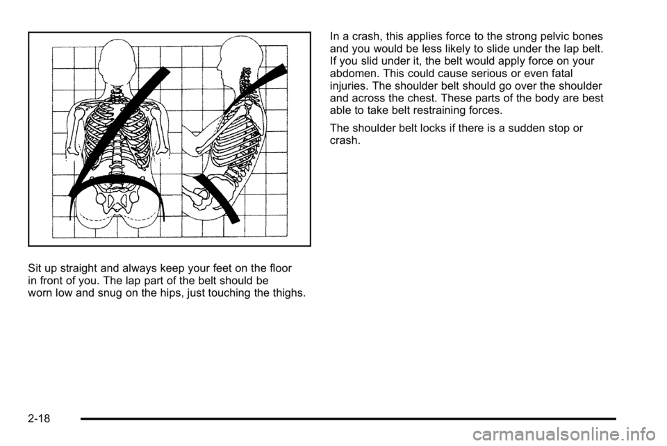 BUICK LUCERNE 2010 Service Manual Sit up straight and always keep your feet on the floor
in front of you. The lap part of the belt should be
worn low and snug on the hips, just touching the thighs.In a crash, this applies force to the