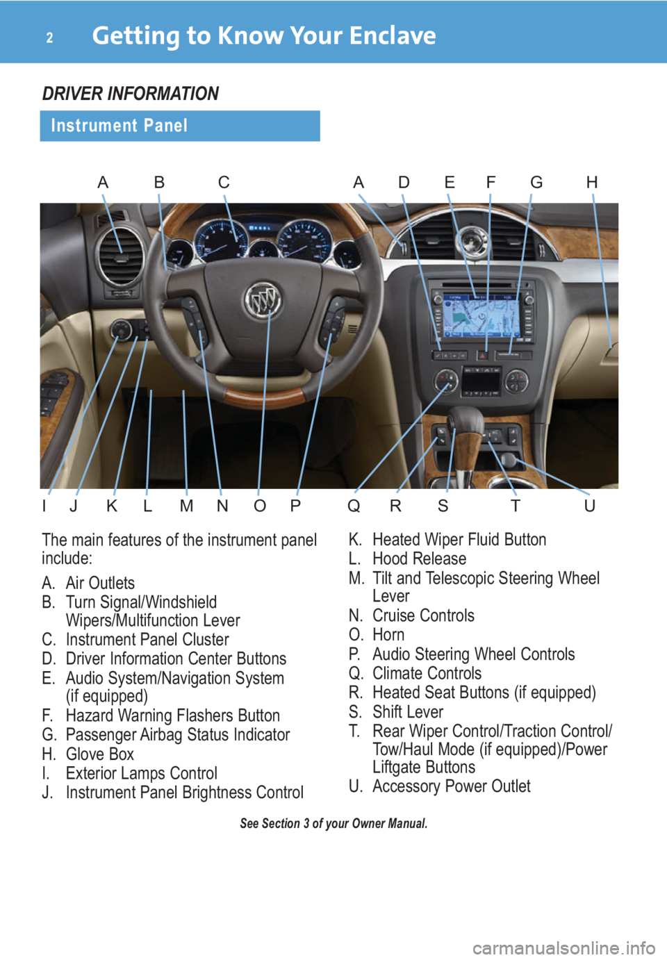 BUICK ENCLAVE 2009  Get To Know Guide DRIVER INFORMATION
Getting to Know Your Enclave2
Instrument Panel
See Section 3 of your Owner Manual.
ABACDE
IJNUSKLMOPQRT
F
The main features of the instrument panel
include:
A. Air Outlets
B. Turn S