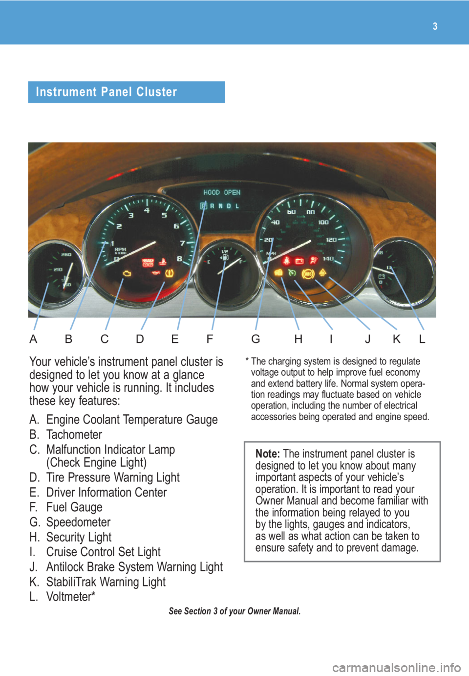 BUICK ENCLAVE 2009  Get To Know Guide 3
See Section 3 of your Owner Manual.
Instrument Panel Cluster
Note:The instrument panel cluster is
designed to let you know about many
important aspects of your vehicle’s
operation. It is important