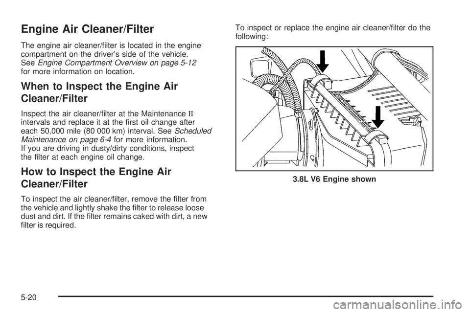 BUICK LACROSSE 2009  Owners Manual Engine Air Cleaner/Filter
The engine air cleaner/�lter is located in the engine
compartment on the driver’s side of the vehicle.
SeeEngine Compartment Overview on page 5-12
for more information on l