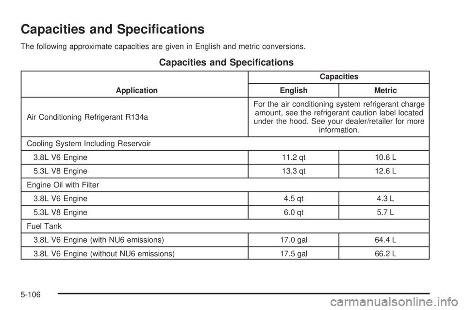 BUICK LACROSSE 2009  Owners Manual Capacities and Speci�cations
The following approximate capacities are given in English and metric conversions.
Capacities and Speci�cations
ApplicationCapacities
English Metric
Air Conditioning Refrig