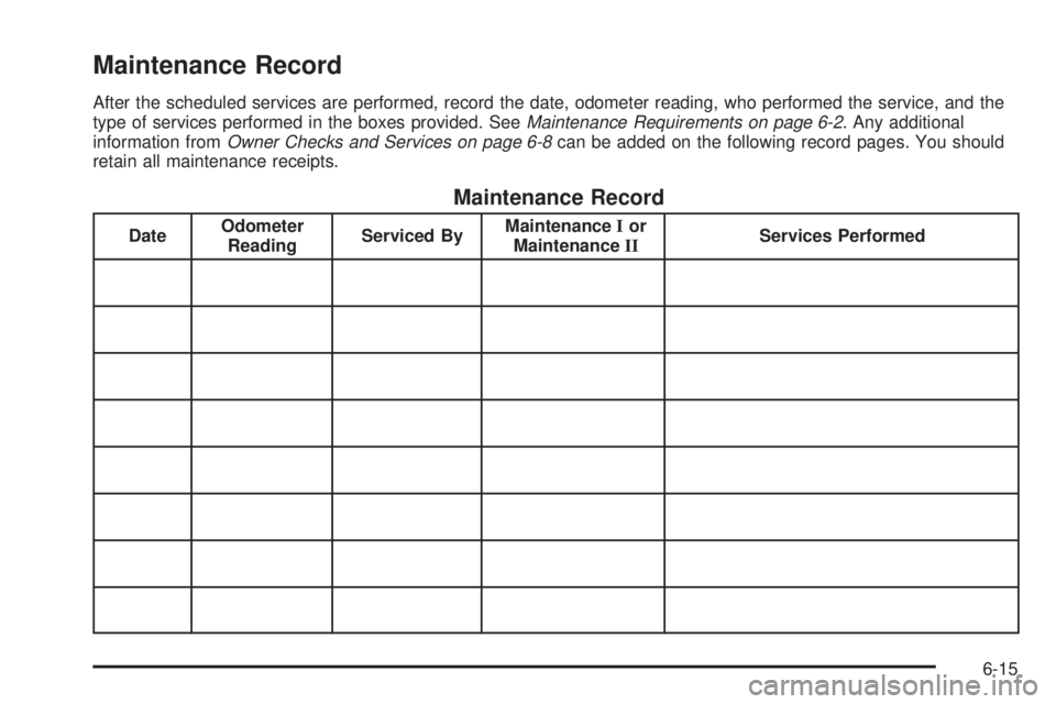 BUICK LACROSSE 2009  Owners Manual Maintenance Record
After the scheduled services are performed, record the date, odometer reading, who performed the service, and the
type of services performed in the boxes provided. SeeMaintenance Re
