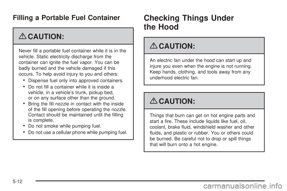 BUICK LUCERNE 2009 Owners Guide Filling a Portable Fuel Container
{CAUTION:
Never �ll a portable fuel container while it is in the
vehicle. Static electricity discharge from the
container can ignite the fuel vapor. You can be
badly 