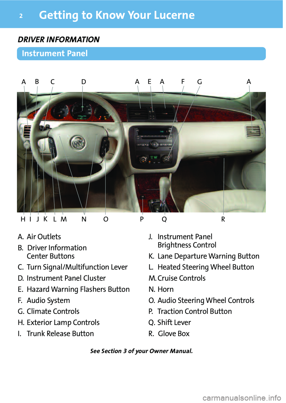 BUICK LUCERNE 2009  Get To Know Guide Getting to Know YourLucerne2
A.Air Outlet s
B.Driver Info rmation
Center Button s
C.Tur nSign al/Multifunct ionLever
D.Instrumen tPanel Cluster
E. Haza rdWarnin gFlashers Button
F.Audio System
G.Clim 