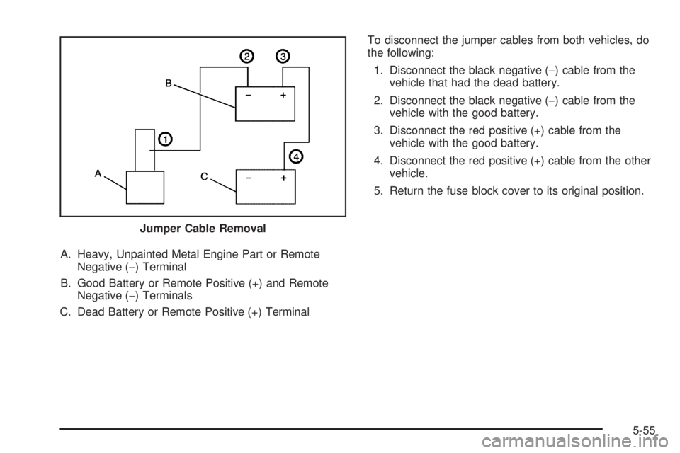 BUICK LACROSSE 2008  Owners Manual A. Heavy, Unpainted Metal Engine Part or Remote
Negative (−) Terminal
B. Good Battery or Remote Positive (+) and Remote
Negative (−) Terminals
C. Dead Battery or Remote Positive (+) TerminalTo dis