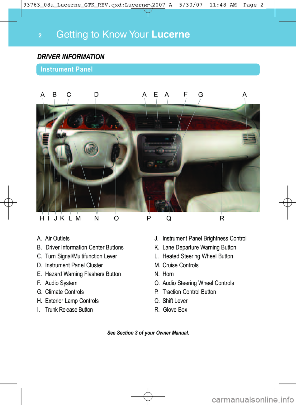 BUICK LUCERNE 2008  Get To Know Guide Get ti\b g to K\bow Yo\fr\fucerne2
A\b Air Outl ets
B\b Dr iver Informa tionCent erBut tons
C\b Tu rn Sign al/Mul tifunction Lever
D\b Inst rume ntPanel Cluster
E\b Ha zard Warni ngFlashers Button
F\b