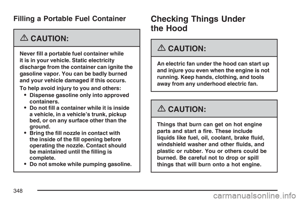 BUICK LACROSSE 2007  Owners Manual Filling a Portable Fuel Container
{CAUTION:
Never �ll a portable fuel container while
it is in your vehicle. Static electricity
discharge from the container can ignite the
gasoline vapor. You can be b