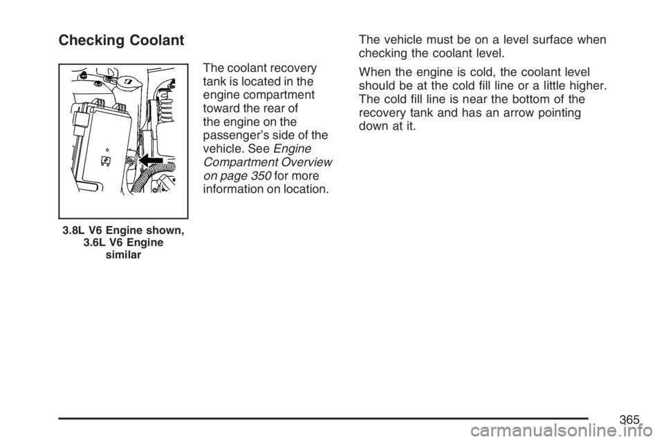 BUICK LACROSSE 2007  Owners Manual Checking Coolant
The coolant recovery
tank is located in the
engine compartment
toward the rear of
the engine on the
passenger’s side of the
vehicle. SeeEngine
Compartment Overview
on page 350for mo