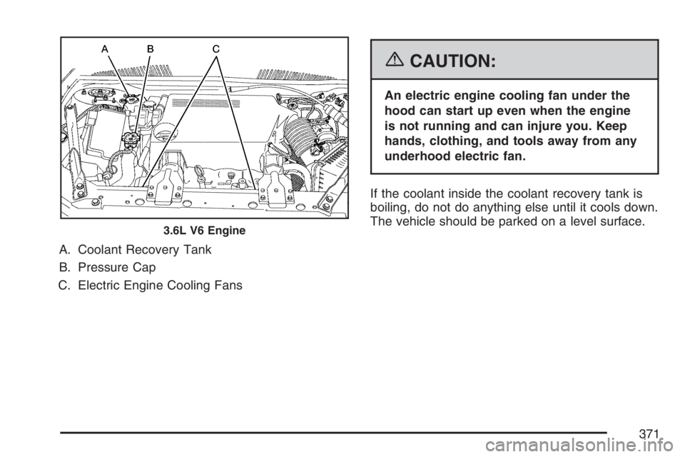 BUICK LACROSSE 2007  Owners Manual A. Coolant Recovery Tank
B. Pressure Cap
C. Electric Engine Cooling Fans
{CAUTION:
An electric engine cooling fan under the
hood can start up even when the engine
is not running and can injure you. Ke