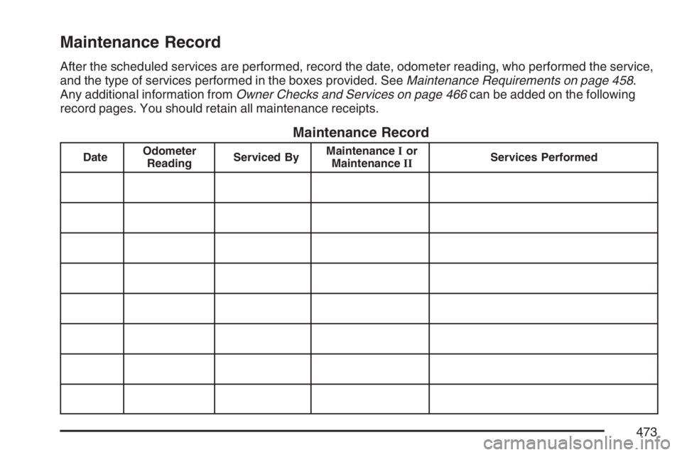 BUICK LACROSSE 2007  Owners Manual Maintenance Record
After the scheduled services are performed, record the date, odometer reading, who performed the service,
and the type of services performed in the boxes provided. SeeMaintenance Re