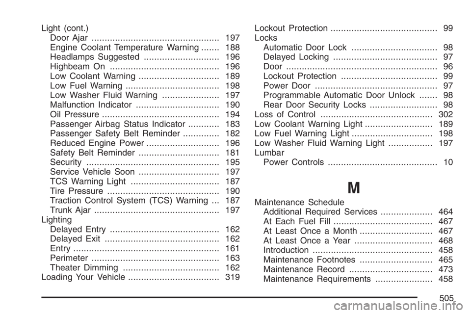 BUICK LACROSSE 2007  Owners Manual Light (cont.)
Door Ajar................................................. 197
Engine Coolant Temperature Warning....... 188
Headlamps Suggested............................. 196
Highbeam On.............
