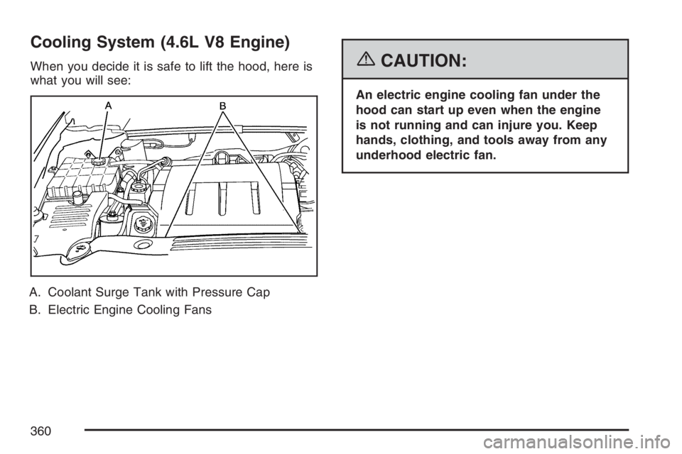 BUICK LUCERNE 2007 Owners Manual Cooling System (4.6L V8 Engine)
When you decide it is safe to lift the hood, here is
what you will see:
A. Coolant Surge Tank with Pressure Cap
B. Electric Engine Cooling Fans{CAUTION:
An electric eng