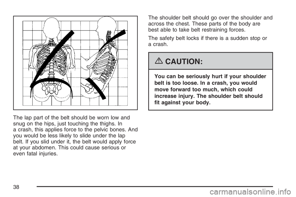 BUICK LUCERNE 2007 Owners Guide The lap part of the belt should be worn low and
snug on the hips, just touching the thighs. In
a crash, this applies force to the pelvic bones. And
you would be less likely to slide under the lap
belt