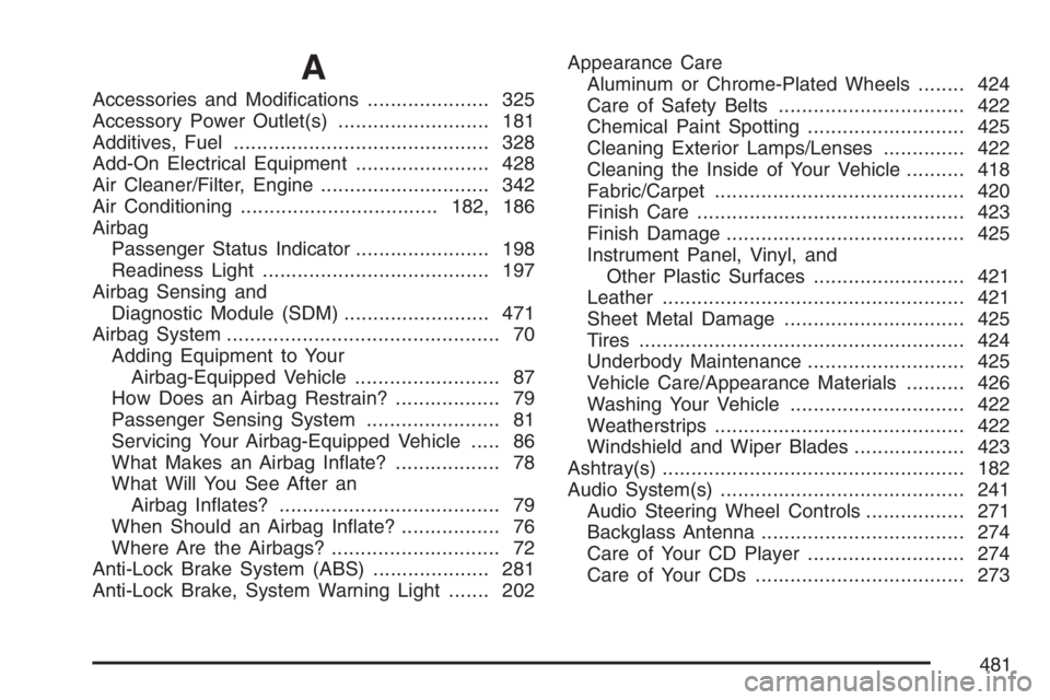 BUICK LUCERNE 2007  Owners Manual A
Accessories and Modi�cations..................... 325
Accessory Power Outlet(s).......................... 181
Additives, Fuel............................................ 328
Add-On Electrical Equipm