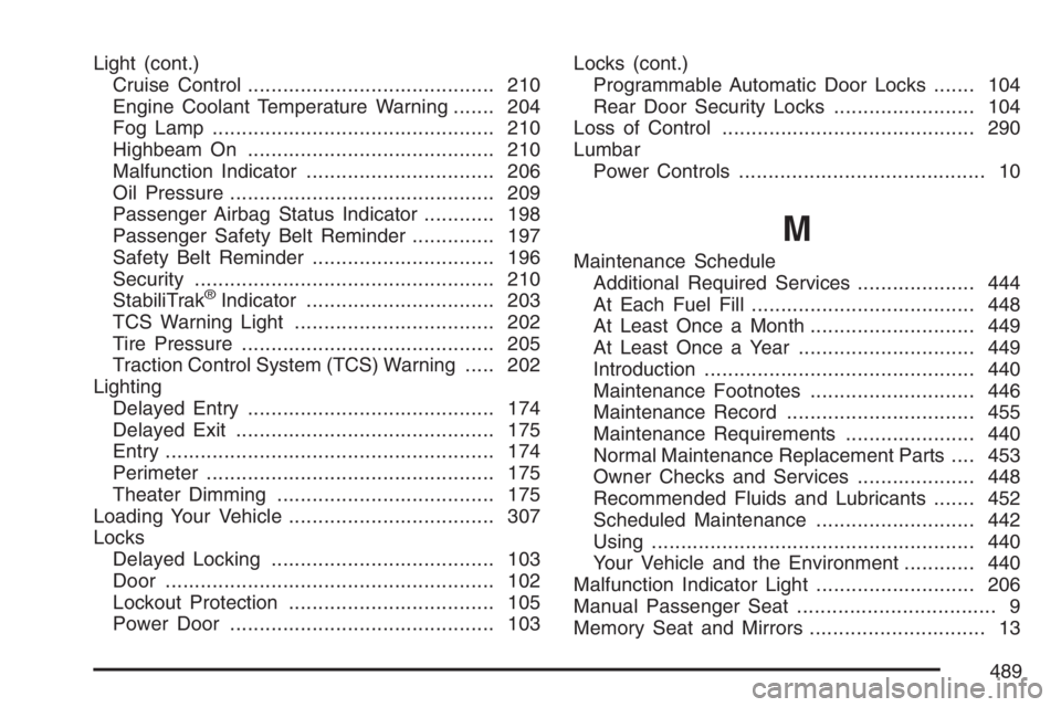 BUICK LUCERNE 2007 User Guide Light (cont.)
Cruise Control.......................................... 210
Engine Coolant Temperature Warning....... 204
Fog Lamp................................................ 210
Highbeam On.......