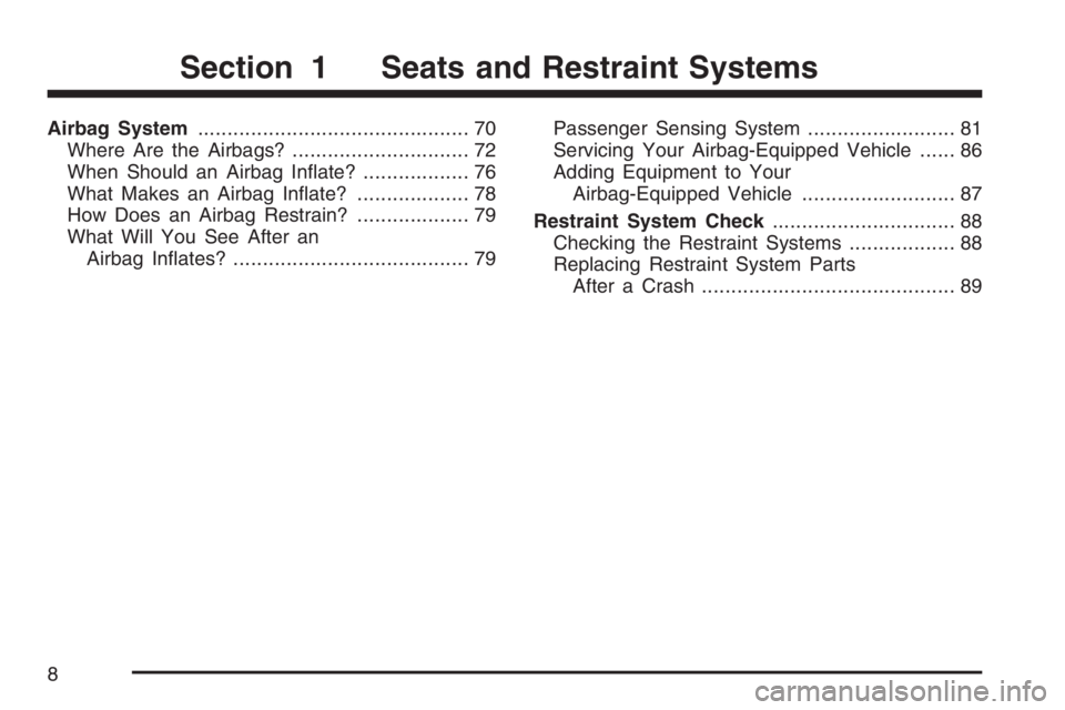 BUICK LUCERNE 2007  Owners Manual Airbag System.............................................. 70
Where Are the Airbags?.............................. 72
When Should an Airbag In�ate?.................. 76
What Makes an Airbag In�ate?..