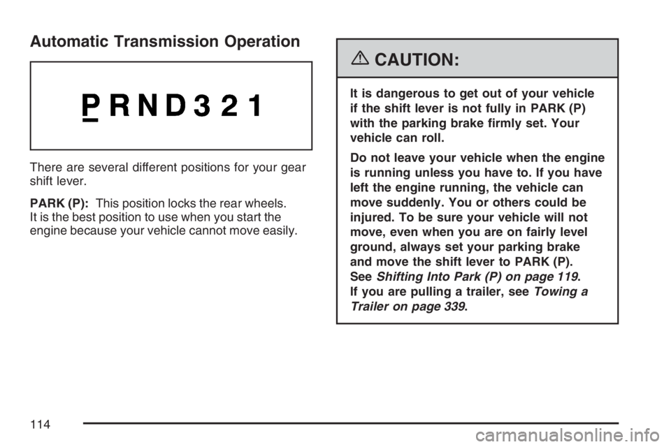 BUICK RAINIER 2007  Owners Manual Automatic Transmission Operation
There are several different positions for your gear
shift lever.
PARK (P):This position locks the rear wheels.
It is the best position to use when you start the
engine