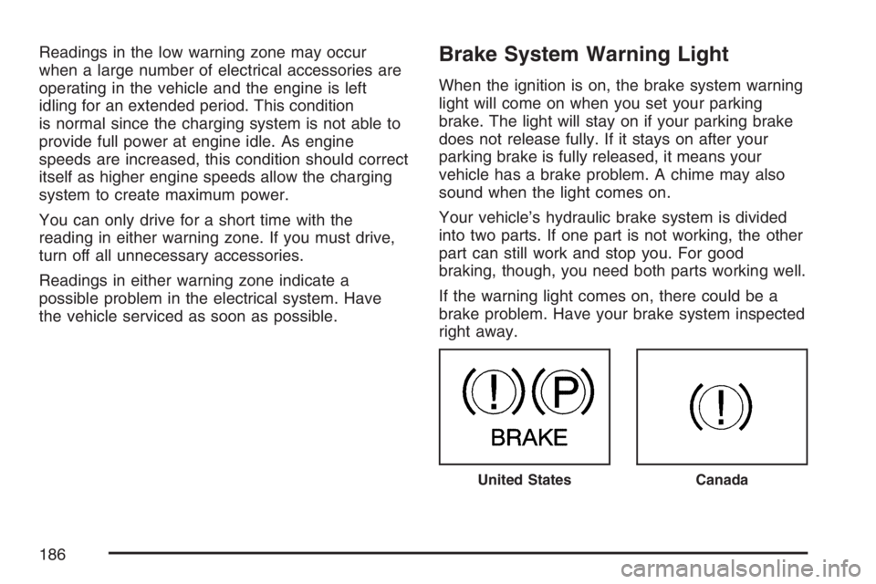 BUICK RAINIER 2007 Owners Manual Readings in the low warning zone may occur
when a large number of electrical accessories are
operating in the vehicle and the engine is left
idling for an extended period. This condition
is normal sin BUICK RAINIER 2007 Owners Manual Readings in the low warning zone may occur
when a large number of electrical accessories are
operating in the vehicle and the engine is left
idling for an extended period. This condition
is normal sin
