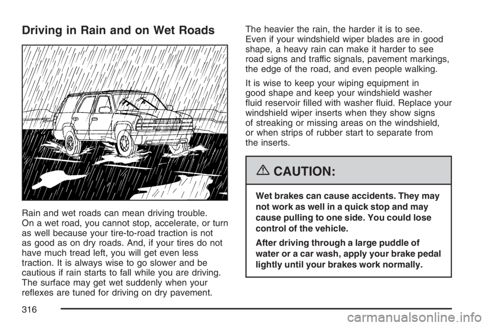 BUICK RAINIER 2007 User Guide Driving in Rain and on Wet Roads
Rain and wet roads can mean driving trouble.
On a wet road, you cannot stop, accelerate, or turn
as well because your tire-to-road traction is not
as good as on dry ro