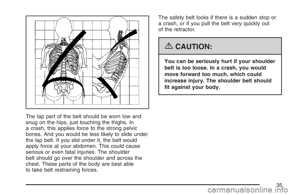 BUICK RAINIER 2007 Owners Guide The lap part of the belt should be worn low and
snug on the hips, just touching the thighs. In
a crash, this applies force to the strong pelvic
bones. And you would be less likely to slide under
the l