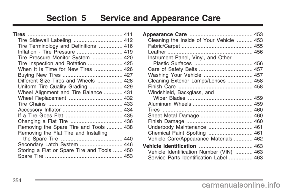 BUICK RAINIER 2007  Owners Manual Tires............................................................ 411
Tire Sidewall Labeling............................... 412
Tire Terminology and De�nitions............... 416
In�ation - Tire Press