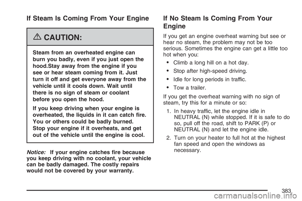 BUICK RAINIER 2007  Owners Manual If Steam Is Coming From Your Engine
{CAUTION:
Steam from an overheated engine can
burn you badly, even if you just open the
hood.Stay away from the engine if you
see or hear steam coming from it. Just