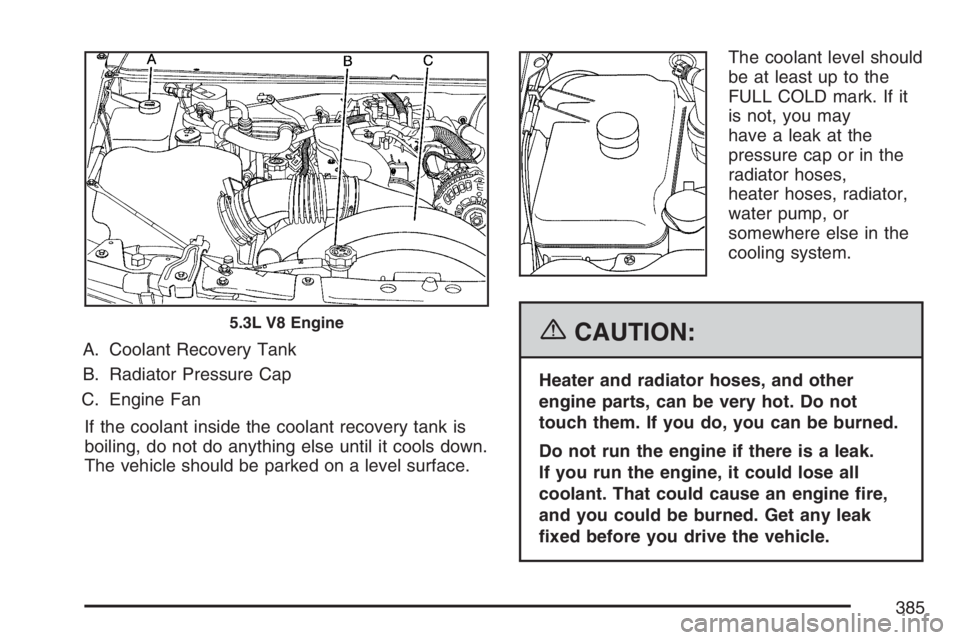 BUICK RAINIER 2007  Owners Manual A. Coolant Recovery Tank
B. Radiator Pressure Cap
C. Engine Fan
If the coolant inside the coolant recovery tank is
boiling, do not do anything else until it cools down.
The vehicle should be parked on