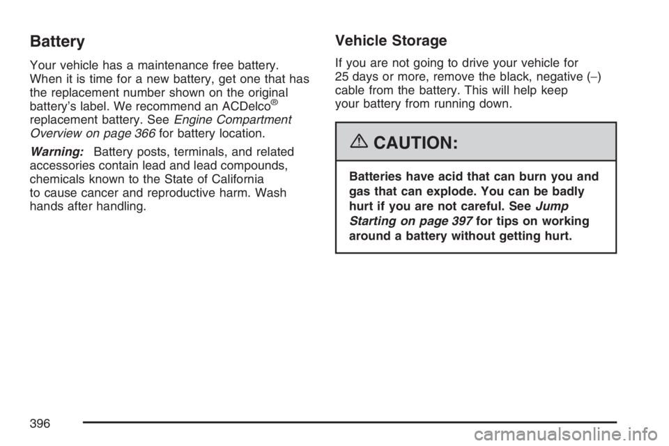 BUICK RAINIER 2007  Owners Manual Battery
Your vehicle has a maintenance free battery.
When it is time for a new battery, get one that has
the replacement number shown on the original
battery’s label. We recommend an ACDelco
®
repl