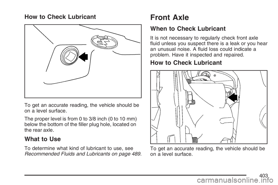 BUICK RAINIER 2007  Owners Manual How to Check Lubricant
To get an accurate reading, the vehicle should be
on a level surface.
The proper level is from 0 to 3/8 inch (0 to 10 mm)
below the bottom of the �ller plug hole, located on
the