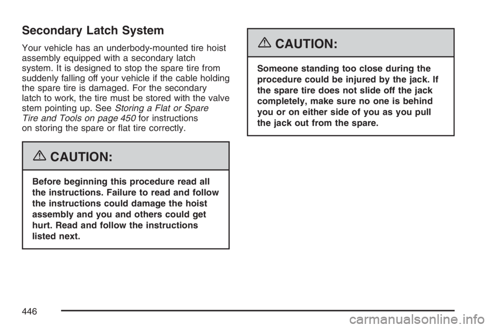 BUICK RAINIER 2007  Owners Manual Secondary Latch System
Your vehicle has an underbody-mounted tire hoist
assembly equipped with a secondary latch
system. It is designed to stop the spare tire from
suddenly falling off your vehicle if