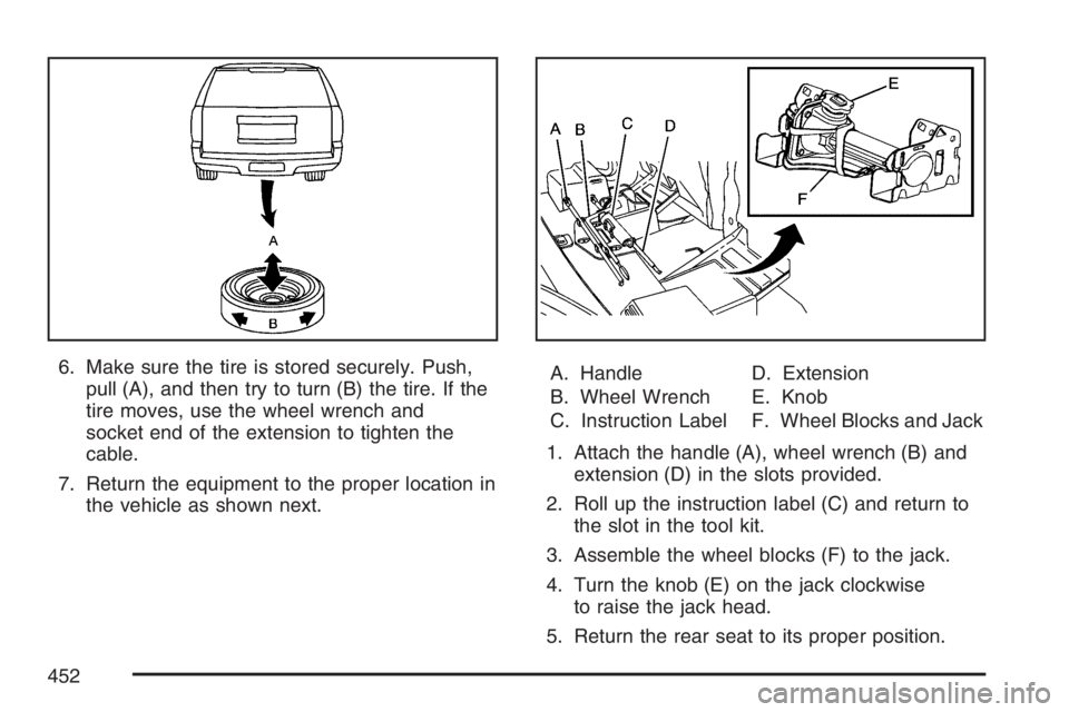 BUICK RAINIER 2007  Owners Manual 6. Make sure the tire is stored securely. Push,
pull (A), and then try to turn (B) the tire. If the
tire moves, use the wheel wrench and
socket end of the extension to tighten the
cable.
7. Return the