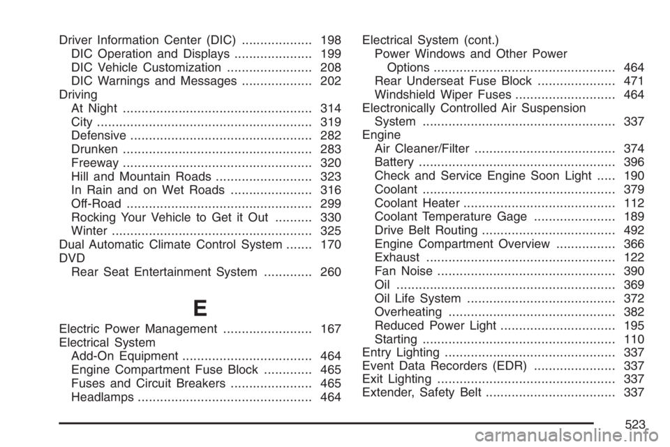 BUICK RAINIER 2007  Owners Manual Driver Information Center (DIC)................... 198
DIC Operation and Displays..................... 199
DIC Vehicle Customization....................... 208
DIC Warnings and Messages...............